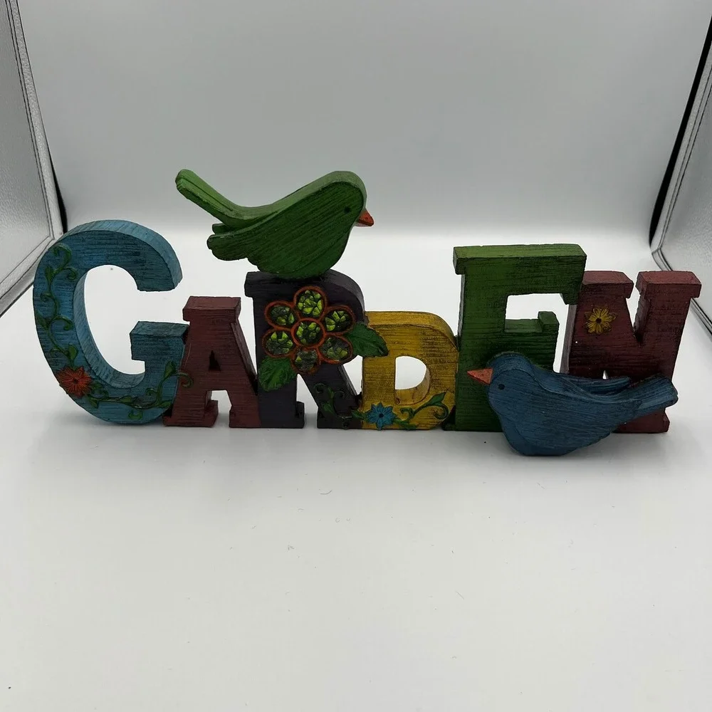 HomeView Design Garden Block Sign Multicolor‎ Bird Floral Rustic Decor NWOT